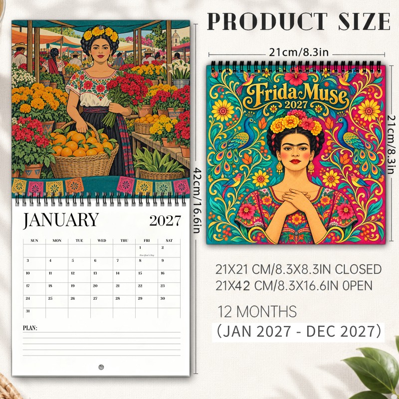 TEMU Mexican For Woman Portraits 2027 Wall Calendar Spiral-bound Hanging Calendar With Floral Crowns Colorful Clothing & Cultural Scenes Home And
