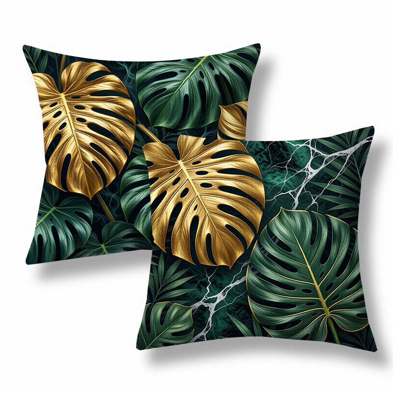TEMU 2pcs Tropical Style Throw Pillow Covers, Decorative Cushion Cases, Monstera Leaf And Marble , Green - . Versatile Pillow Shams For Sofa, Couch,
