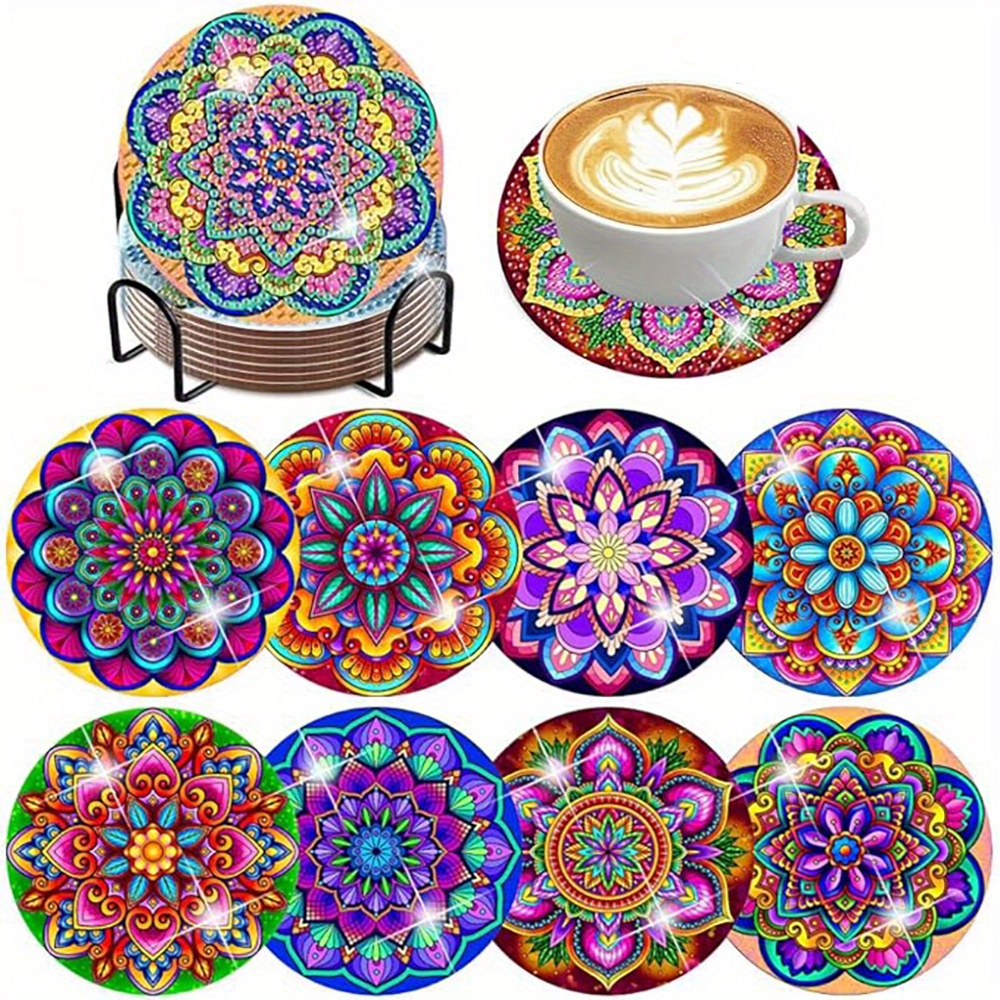 E-shop Set mit 8 runden Diamant Malerei Untersetzer - Mandala Blumenmuster Untersetzer, komplett mit Ständer, funkelnder Diamant für Kunsthandwerk Set,