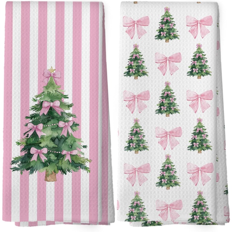 TEMU 2pcs 18&times;26 Inch Christmas Tree Kitchen Dish Towels, Christmas Kitchen Gifts, Preppy Pink Bow Xmas Tree Hand Towels Tea Towel Decorations, Girly Bathroom Decor, Kitchen Towels And Dishcloths