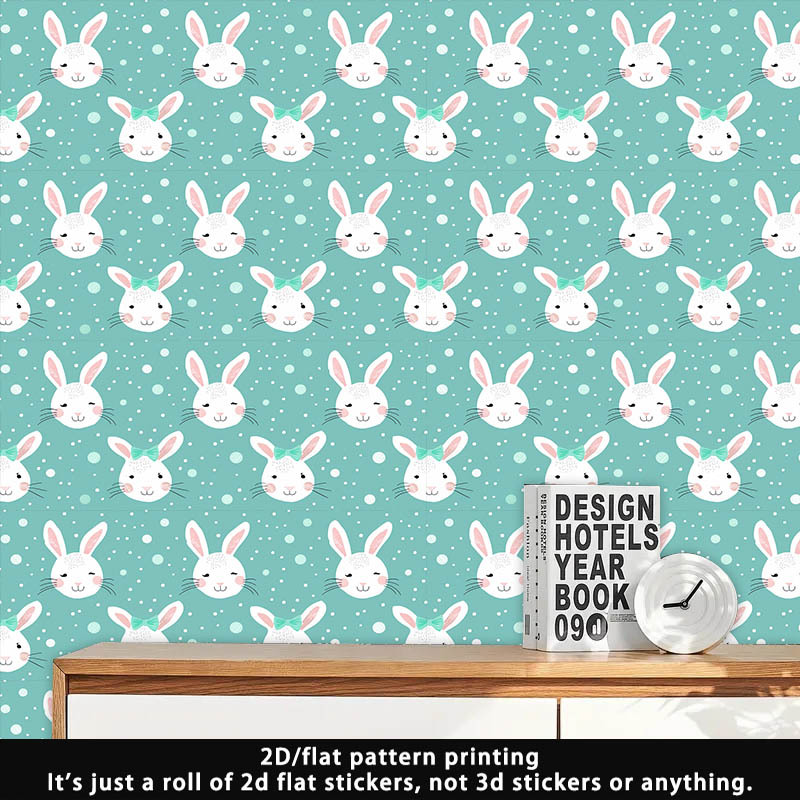 item picture 1 roll pvc material wallpaper seamless stitching mint   polka dot style wallpaper 2d flat white rabbit with pink ears and round dot pattern     and cute   removable self   wallpaper