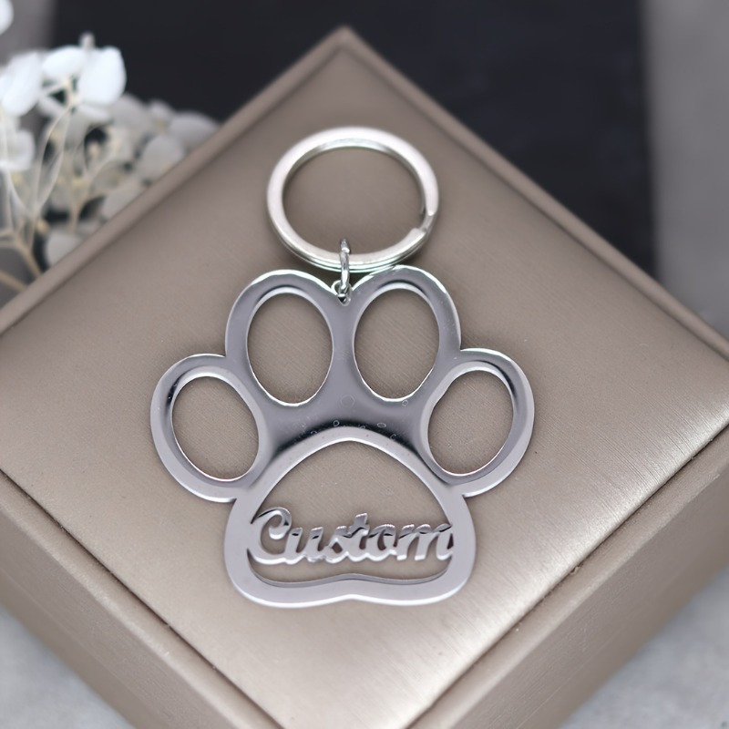 TEMU Personalized Engraved Stainless Paw Print Keychain - Custom Name Design, Durable Gift, Metallic , Round Clasp, Valentine's Day Gift, Fashionable
