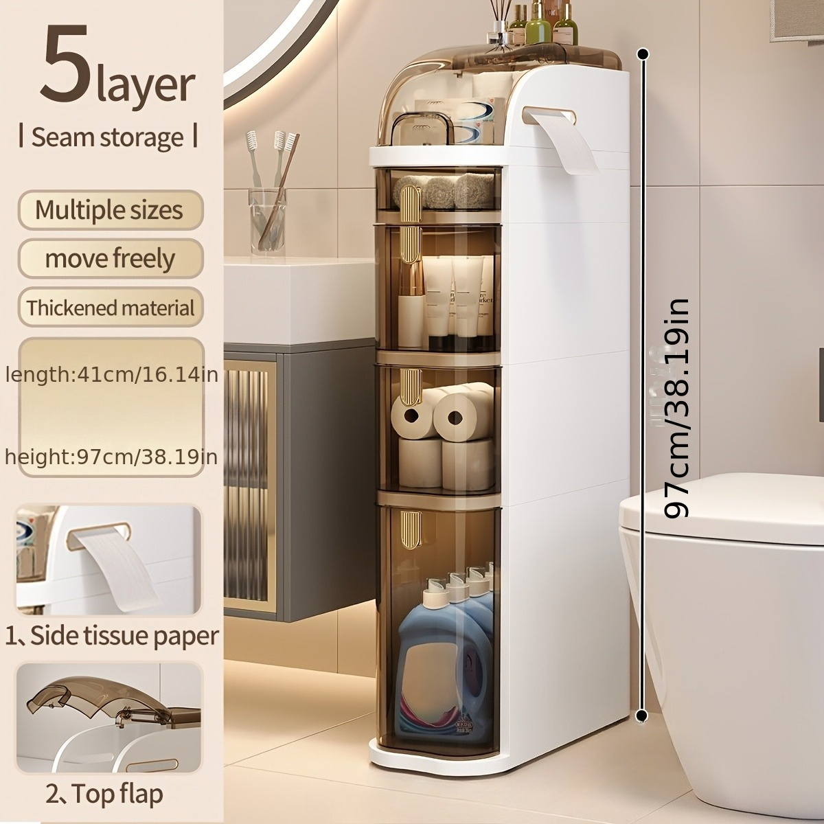 TEMU Armoire de rangement étroite pour papier toilette avec tiroirs et roulettes, meuble de salle de bain étroit avec porte-boîte à mouchoirs,