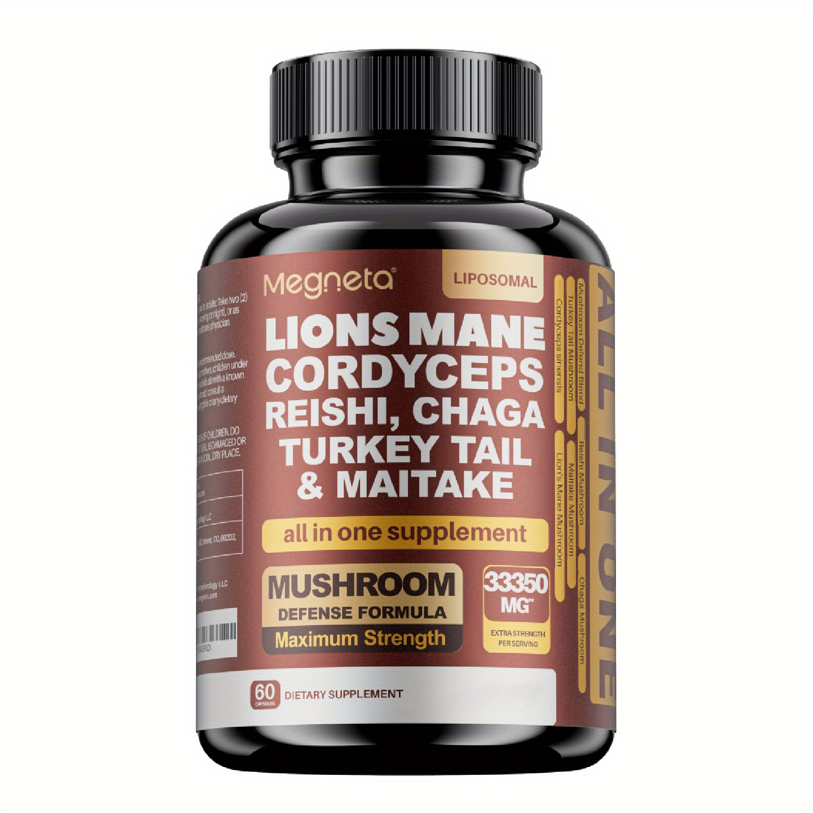 Megneta Cognitive Brain Nootropic Mushroom Complex with Lion's Mane, Cordyceps, Reishi, Turkey Tail & Chaga for Focus, Memory & Clarity – 60