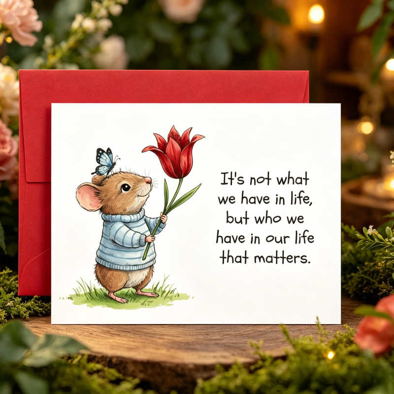 TEMU A Greeting Card With Cute Little Mice, Red Tulips, And Butterflies In A Watercolor Style, Conveying The Of Friendship, With An Envelope Included