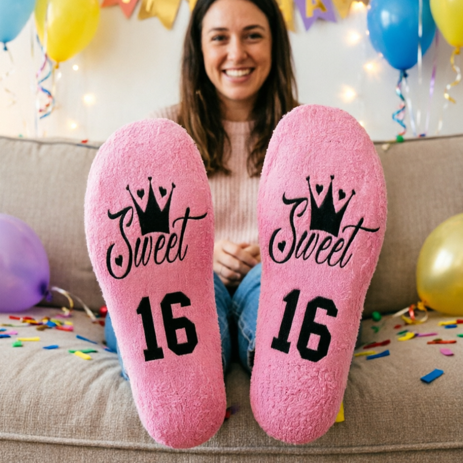 TEMU 1 Pair Of 'sweet 16' Plush Socks, Fun Non-slip Socks, 16th Birthday Gift, Unique Gift For 16th, Creative Gift For Daughters, Nieces, , Creative
