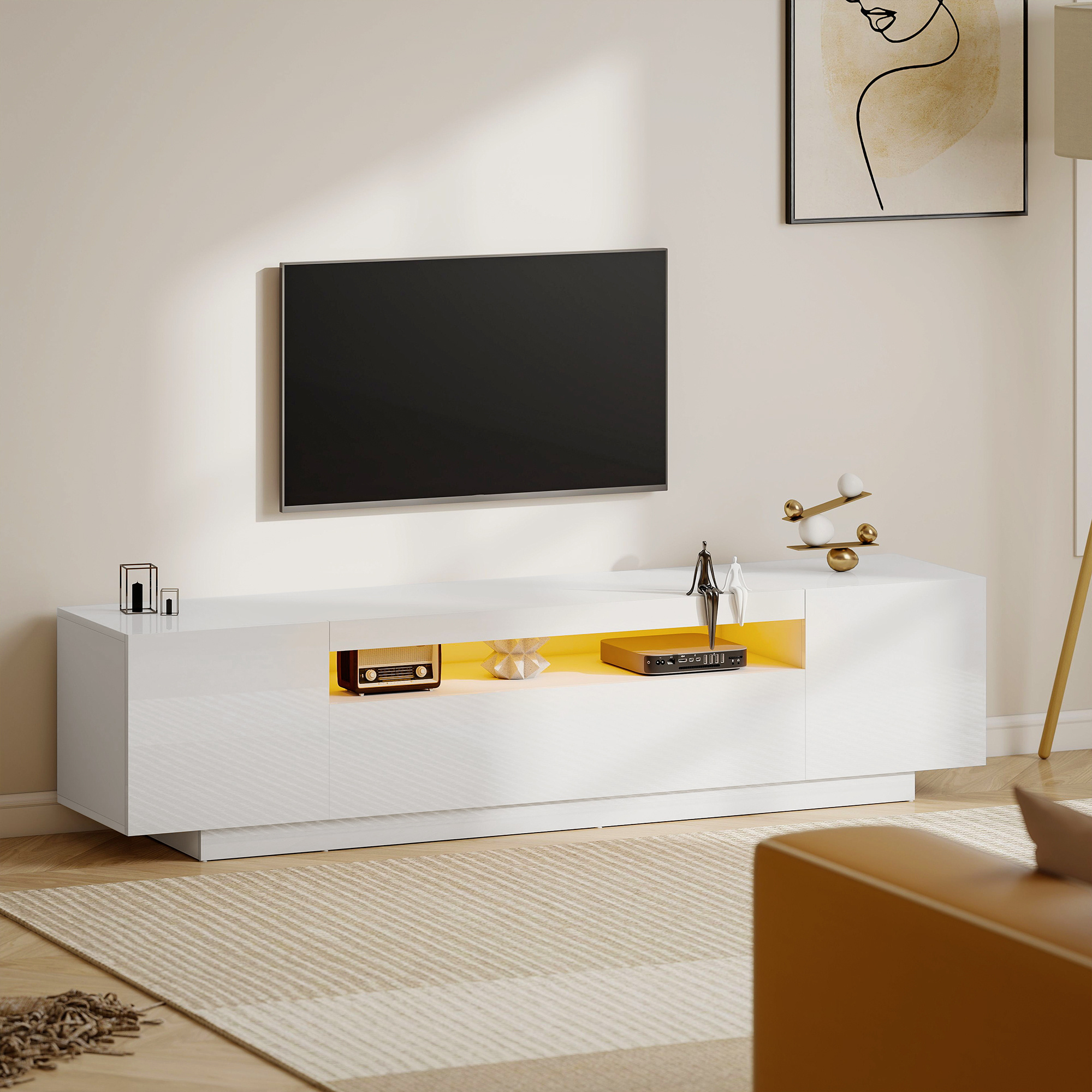 TEMU Meuble TV Moderne HOMCOM avec Lumières LED RGB - Centre de Blanc, Alimenté par USB, Assemblage Indépendant, Capacité de Rangement Fermé ≥3.2