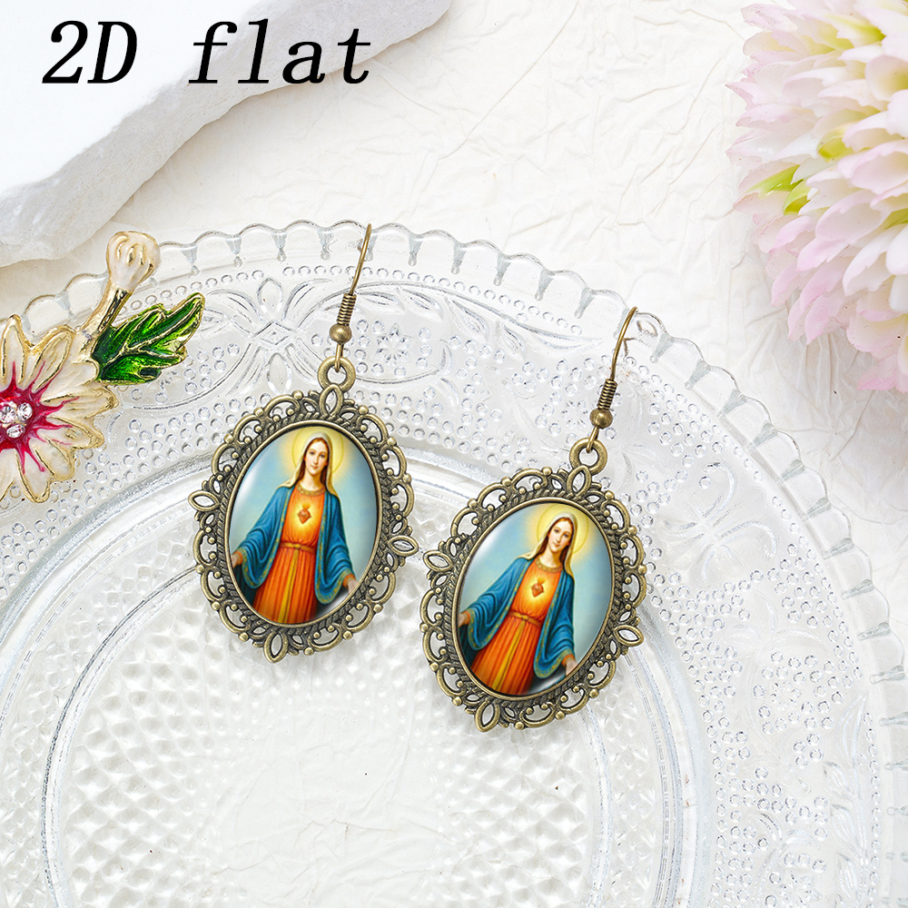Virgin Mary Sacred Heart Pattern Earrings, Oval Lace Framed