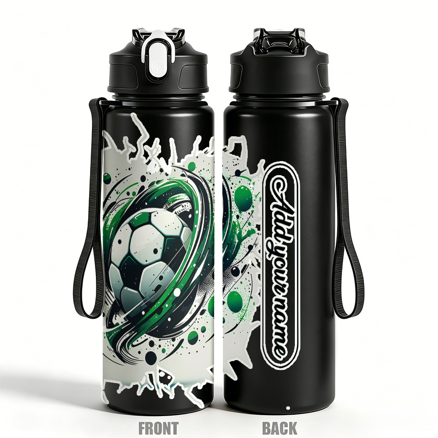 TEMU Custom Personalized Diyname Text Water Bottle 1pc 750ml 25oz Leakproof Sports Water Bottle Cup A Soccer Ball Wrapped In Green-black Rings, A