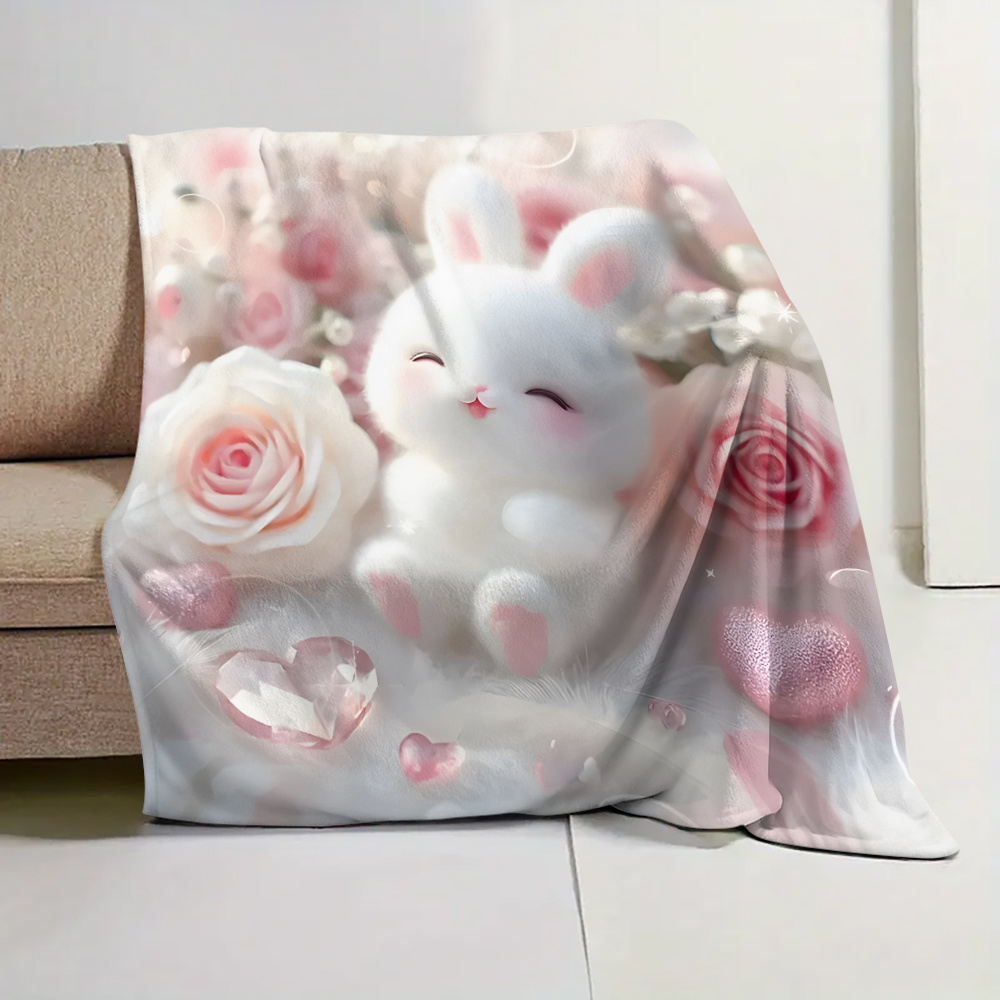 Soft Pink Rabbit Pattern Printed Portable Blanket for Travel