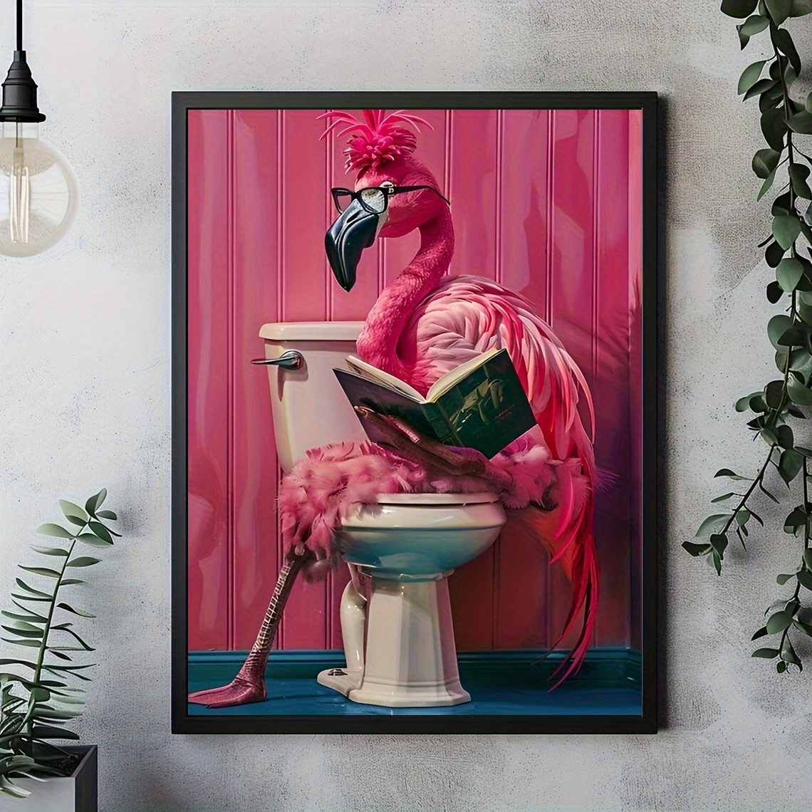 E-shop Humorvolles Rosa Flamingo auf der Toilette Buch Wandkunst Poster - 12x16 Zoll Ungerahmter Leinwanddruck, Verspielte Badezimmerdekoration für