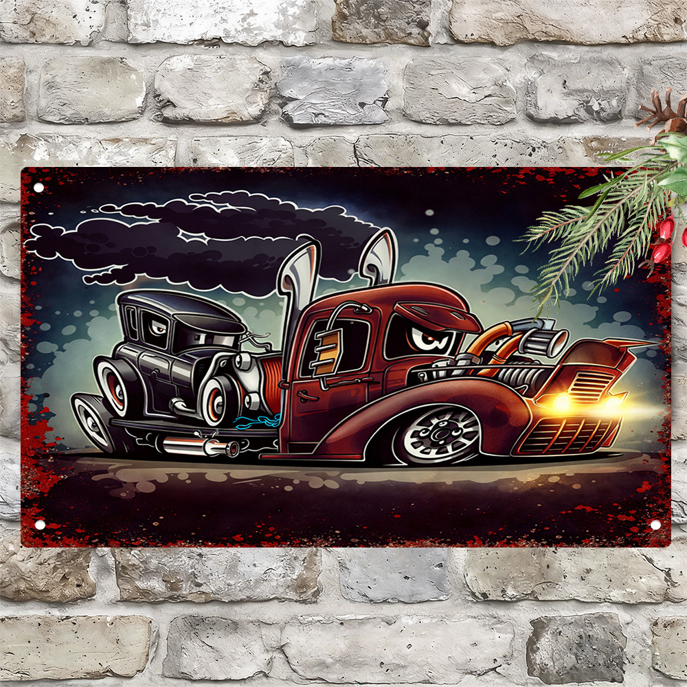 TEMU 2d Flat Design, 1pc Cartoon Hot Rod Truck Tin Sign Wall Decor, Suitable For Living Room, Bedroom, Hallway, Kitchen Decoration, Unisex Holiday