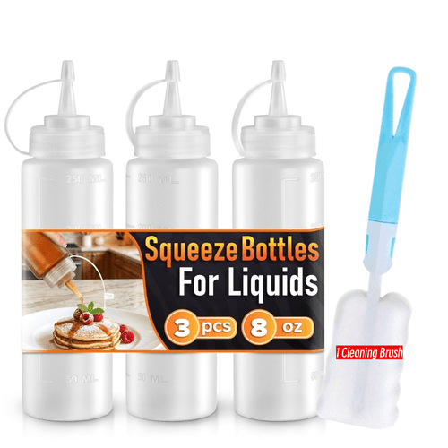 4pcs Including White 3 Squeeze Bottles And Random Cleaning Brush, 8-Ounce Sauce Dispenser, Liquid Spray Bottle, Oil Squeeze Sauce Bottle, Tomato Sauce, Syrup, , Seasoning Bottle Squeeze Bottle