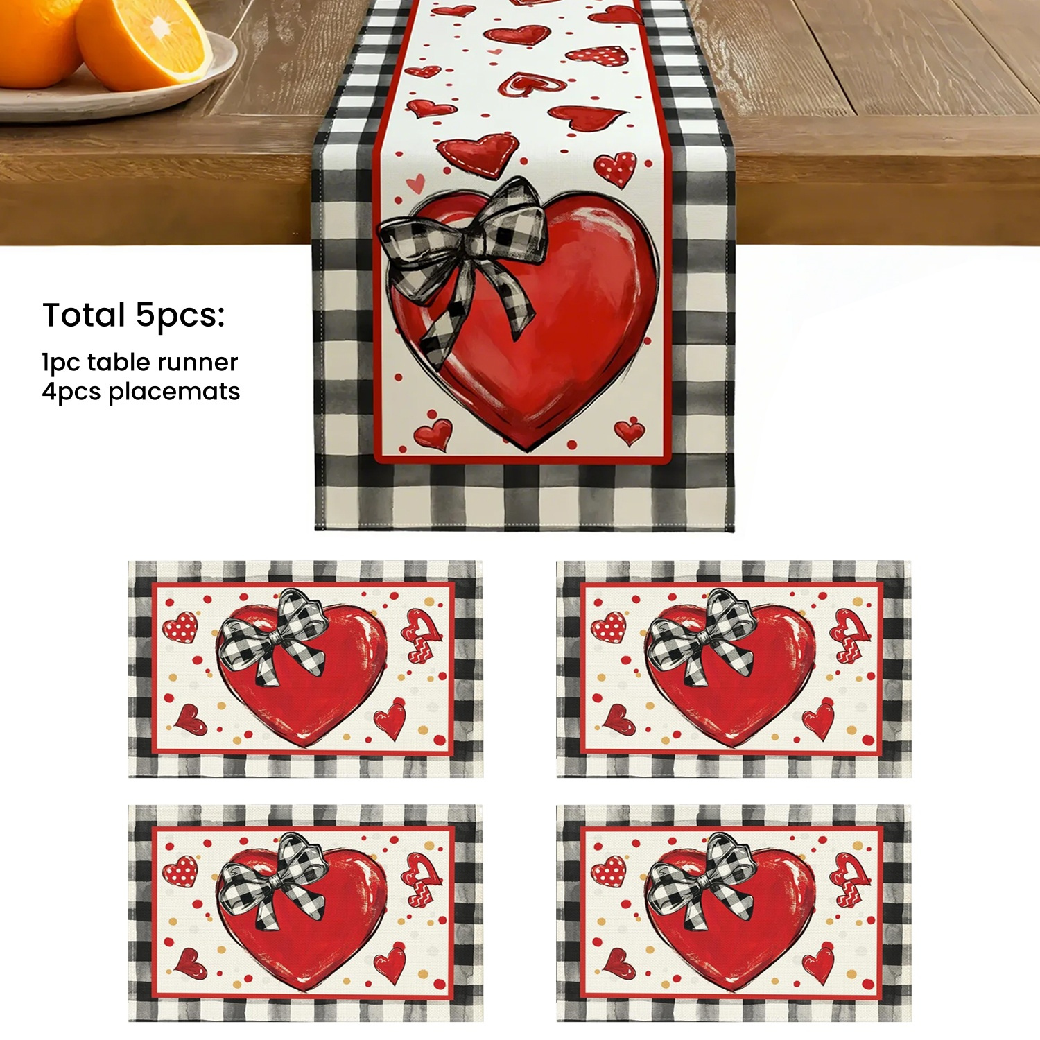 TEMU Valentine's Day Hearts Bow Table Runner & Placemats Set 4pcs Placemats And 1pc Table Runner For Home Decoration Dining Table Wedding Anniversary Valentines Day Party Decor Supplies