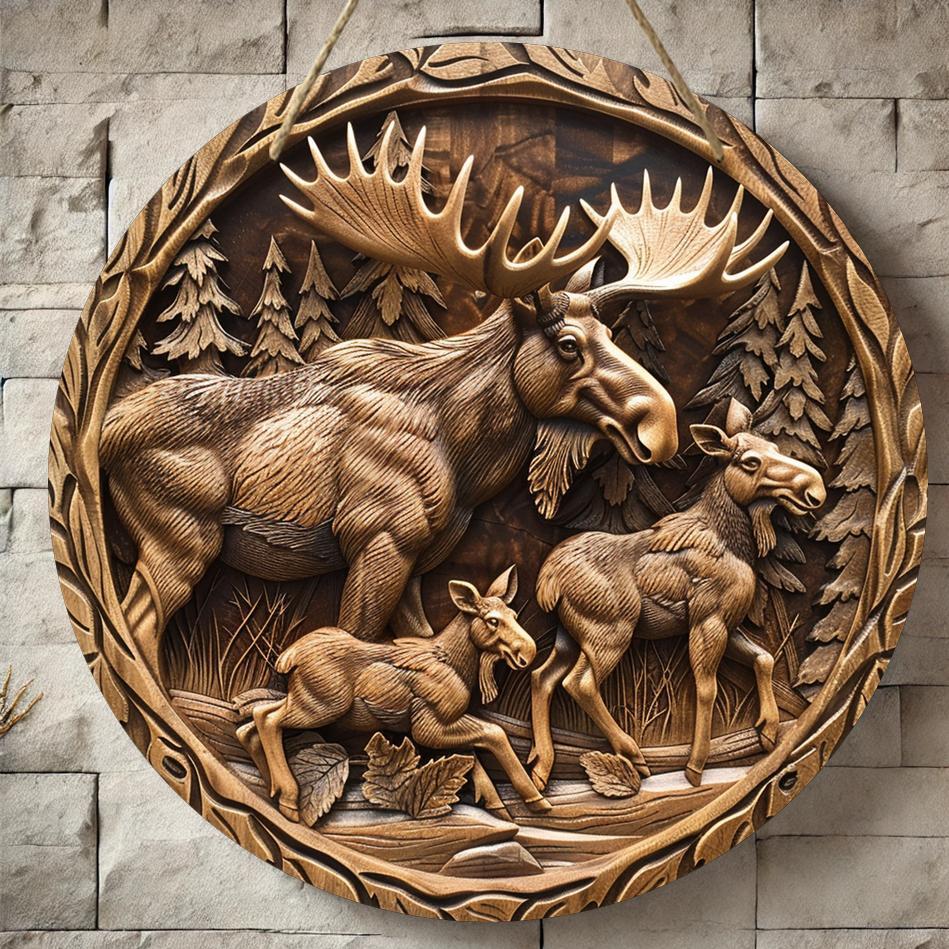 

Moose-themed Round Wooden Wall Art, 8x8 Inches - Home, Office, Cafe & Bar Decor | Ideal Gift For Holidays &