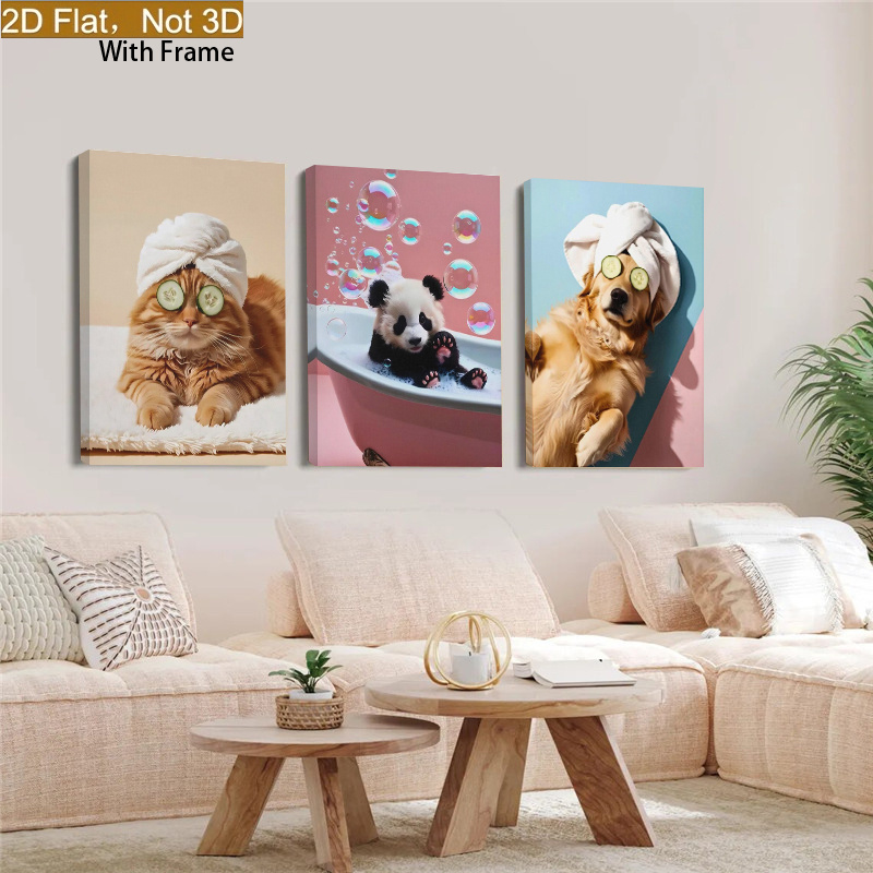 2d flat 2d flat 2d flat 3pcs cute bubble bath panda wall art pink tone healing bathroom canvas print modern minimalist wall decor for living room bedroom entryway adorable animal themed wall hanging wooden framed canvas painting