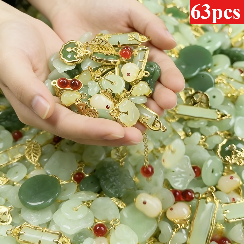 TEMU 63pcs Of Chinese-style -drop Pendants, With Emerald Bag-shaped - Alloy, Diy Handmade Necklace Accessories, Fashionable Twisting Design, Making |