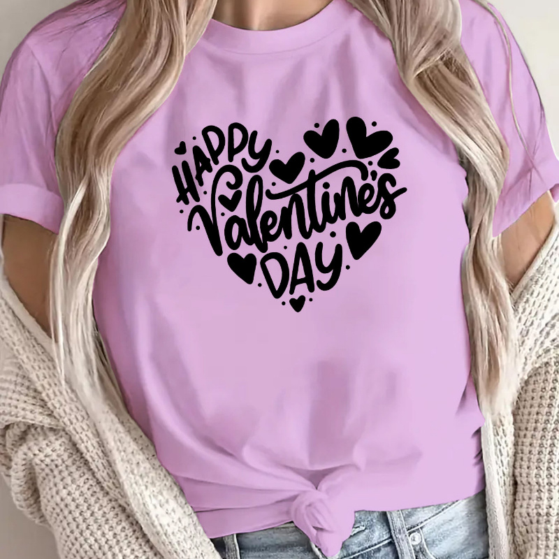 

1pc Happy Valentine's Day Heart & Love Print T-shirt, Casual Crew Neck Short Sleeve Top, Polyester Knit Fabric With Slight Stretch,