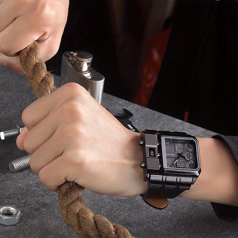   brand 3364   square men wristwatch wide big dial casual   leather strap watch male sport watches without battery details 1