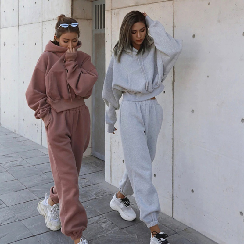 

2pcs Oversized Set: Solid Hooded Pocket Drawstring Sweatshirts & Sweatpants Sets For Women, Plus Size Comfortable Clothing