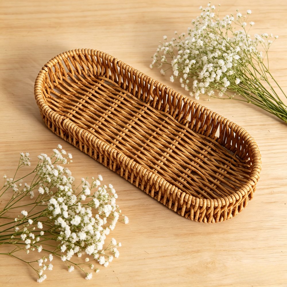 TEMU Hand-woven Rattan-like Storage Basket, Multi-use Decorative Organizer For Home Tabletop, Shelf Baskets