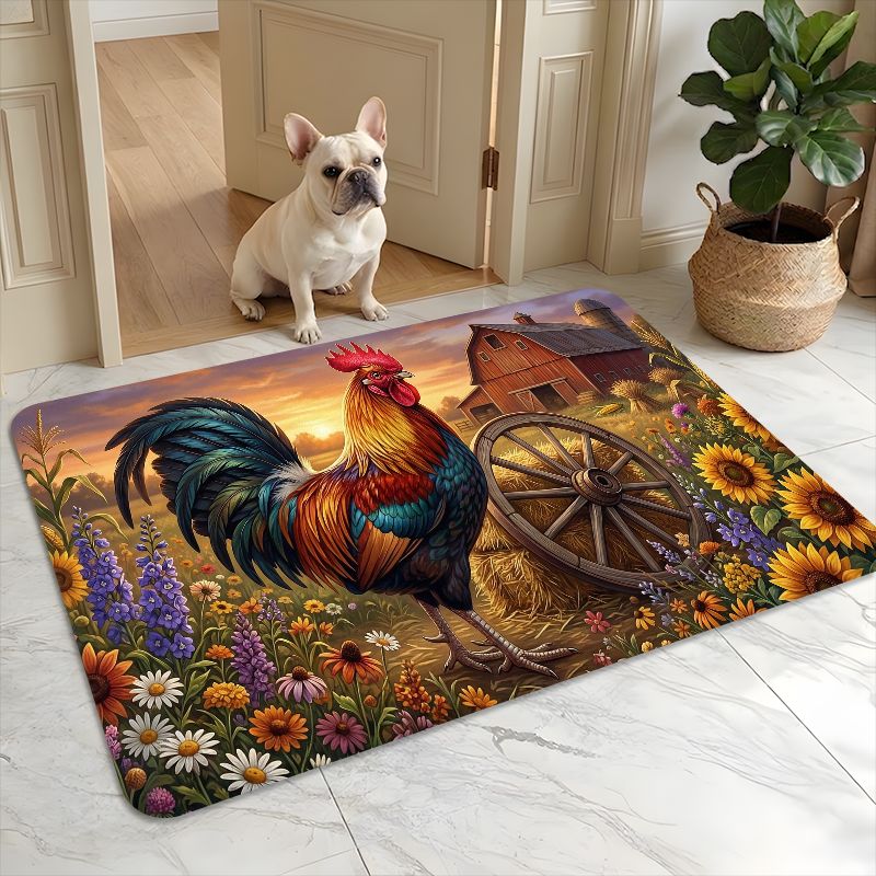 TEMU [2d Flat] 1pc Non-slip Indoor/outdoor Doormat, Machine Washable Welcome Mat Foot Mat, Rooster Pastoral Style Flannel Thick Pile Material With