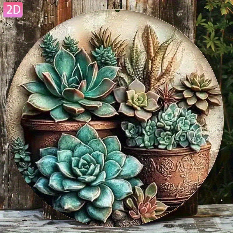 TEMU 2d Flat, 2d Flat Printing 1pc Metal Iron Sign, 1pc " Retro Succulent Theme Round Wall Decor Sign" - Vintage Wall Decoration For Garden, Kitchen,
