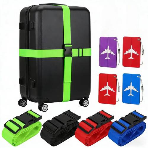 2pcs set of luggage straps travel straps travel set 1 luggage straps 1 metal luggage tags travel essentials black blue green nylon suitable for handbags and suitcases