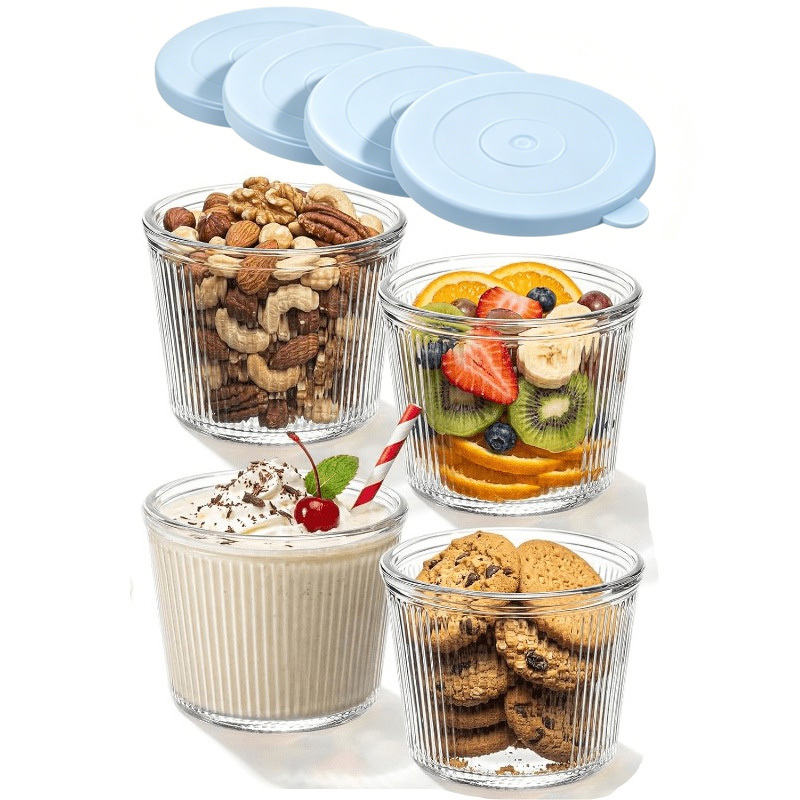TEMU 4/6pcs Small Covered Glass Bowls, 6.8 Oz, Clear Ribbed Glass Containers, Stackable, Suitable For Desserts, Puddings, Sauces, Salads, Nuts, Oats,