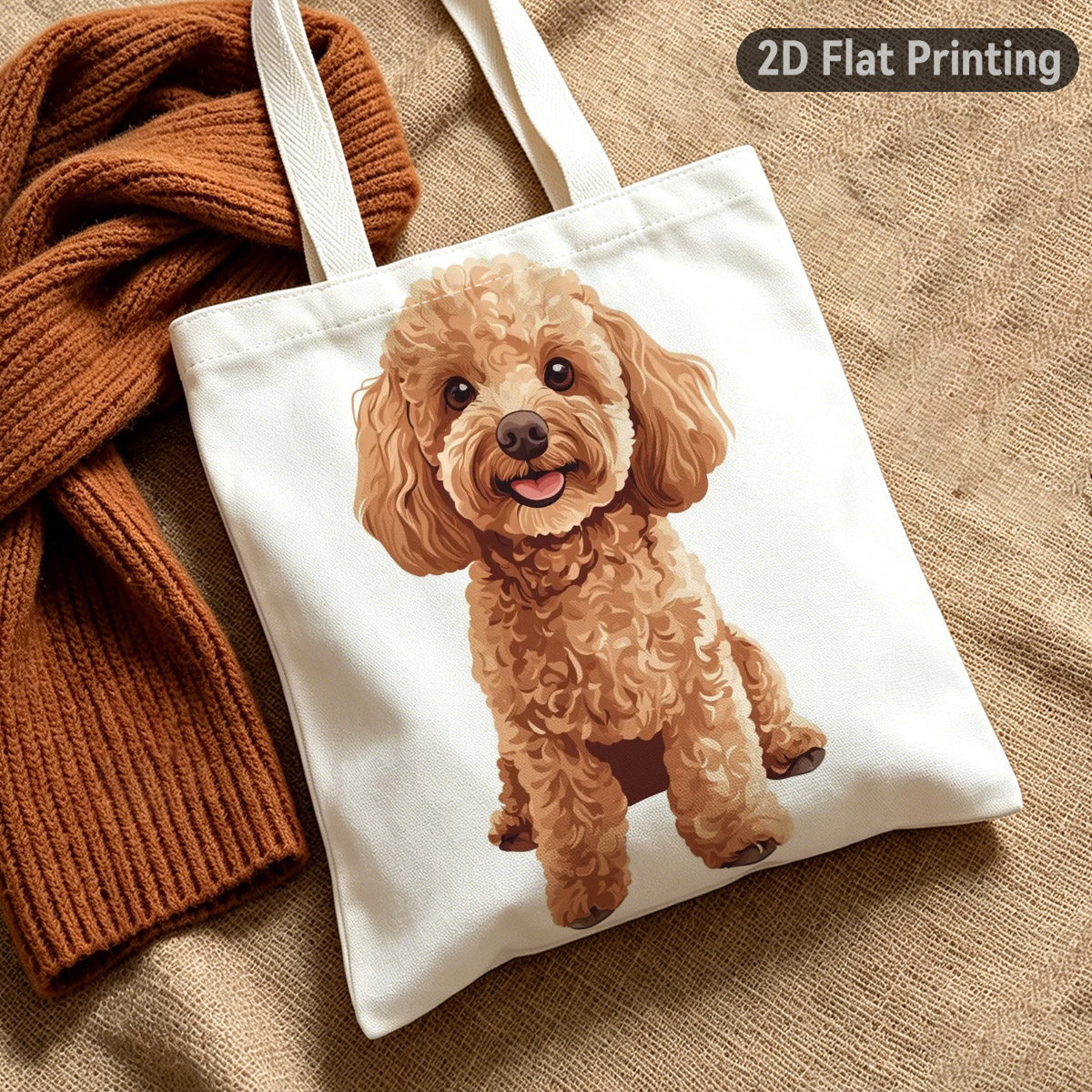 TEMU 2d Flat 1pc Cute Cartoon Brown Poodle Dog Durable Tote Bag, Duplex Prints Adorable Curly Haired Poodle With , Ideal For Grocery Shopping, Picnic