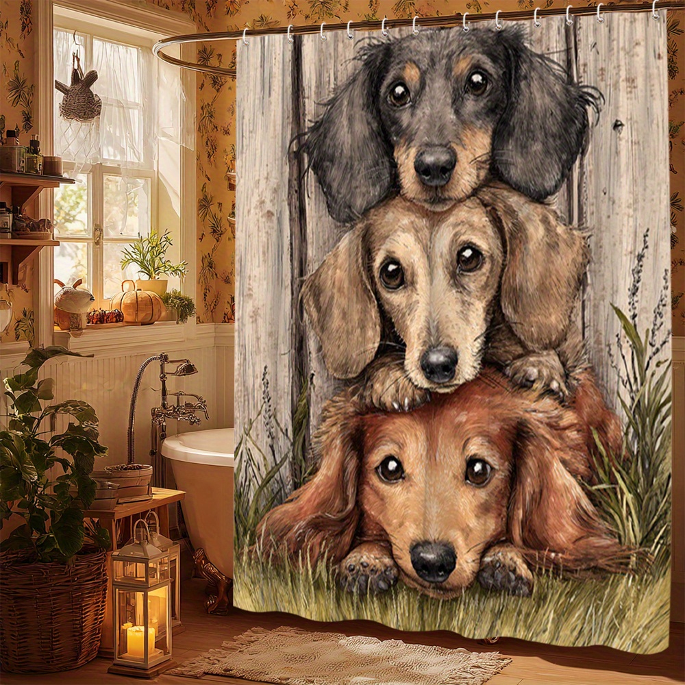 TEMU 1 Dachshund Puppy Shower Curtain - Designed In A Style, Made Of Polyester Fabric, Measuring By Inches, Washable, Comes With 12 Hooks, Ideal For Bathroom Decoration And Additions