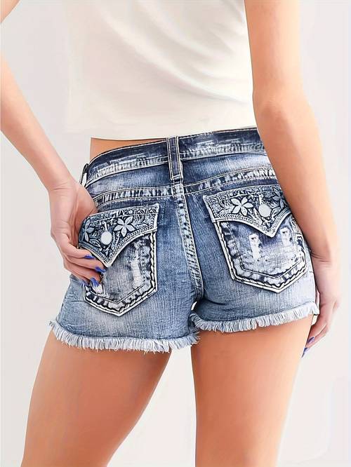 new womens pocket embroidered denim shorts