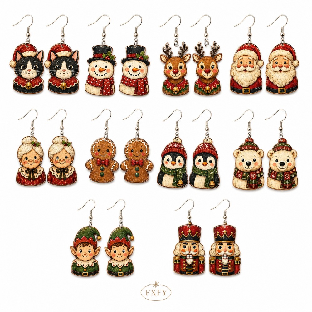 TEMU 20pcs/10 Pairs Women's Acrylic Christmas Dangle Earrings - Suitable For Parties, Daily Wear, Travel | Cute Penguin, Nutcracker, Polar Bear, Cat,