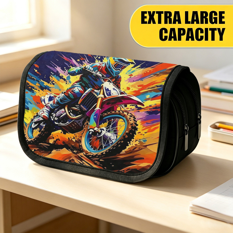 TEMU Trousse à crayons double couche grande taille, pochette à crayons imprimée et avec motif de de moto tout-terrain à éclaboussures de couleur, sac