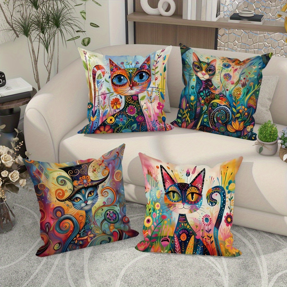 4pcs cat flower abstract art   printed zipper pillowcase double sided polyester printed pattern zipper closed home decoration living room bedroom and sofa home decoration not included in the pillow Product details 2
