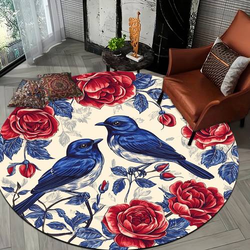 2D Flat, 1pc Vintage Non-Slip Round Suitable for Blue Bird & Floral with Turquoise Border, Soft Pink Beige Dark Blue Navy, Machine Washable Flannel Suitable for Bathroom, Living Room, Bedroom Entryway Decor, 2D Flat