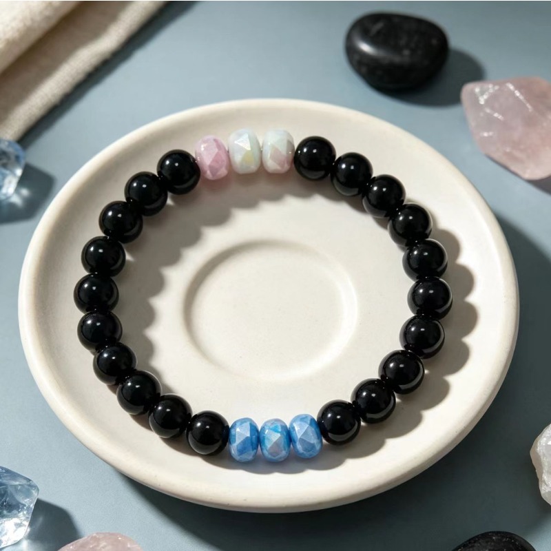Layered Black Round Beads & Light Pink Multi-faceted Bracelet