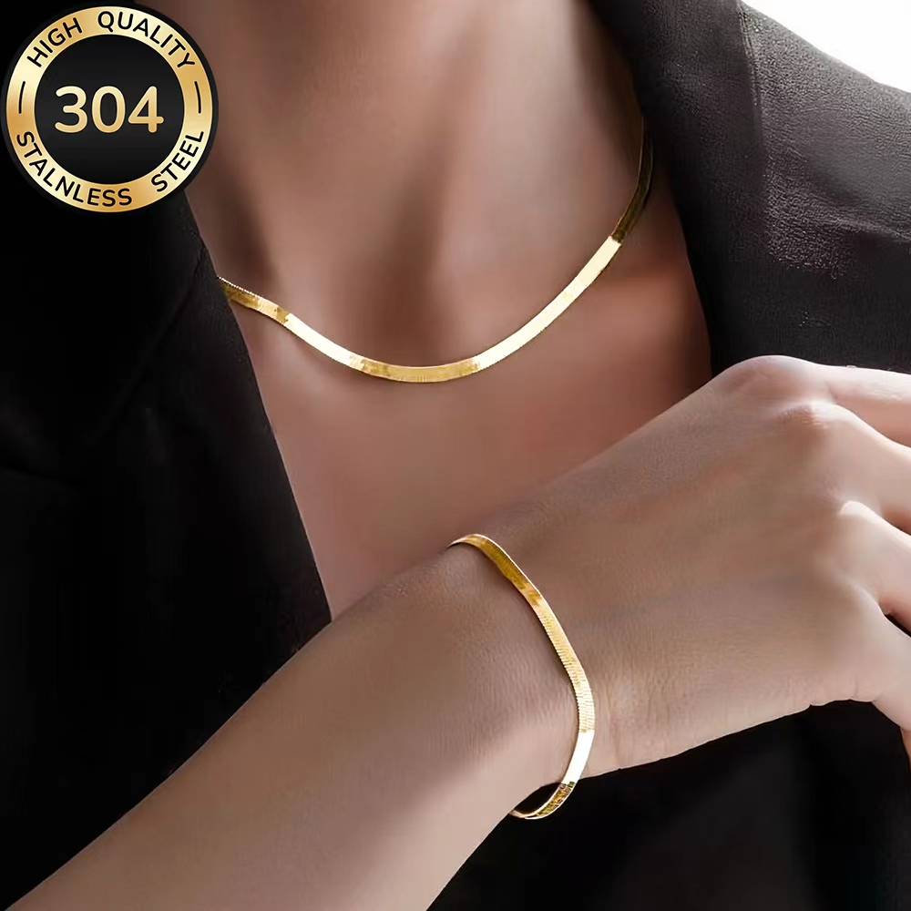 TEMU 2pcs Premium Women's Jewelry Set Stainless Steel Golden Necklace And Bracelet, Fade-resistant, Elegant Temperament, Suitable For Daily Wear Or