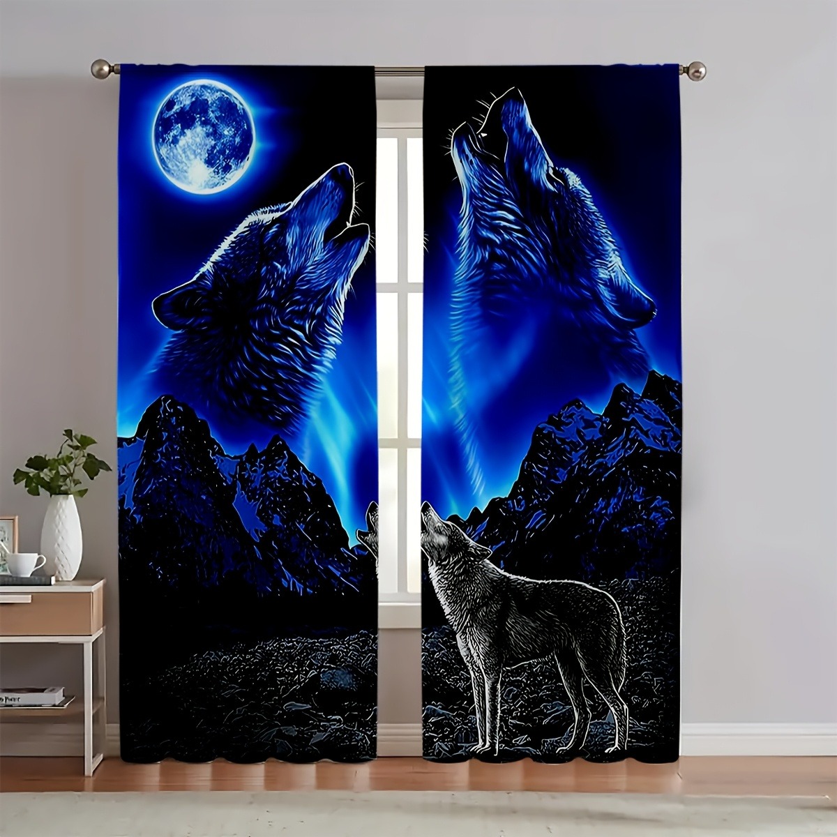 TEMU 2 Panels Thermal Insulating Blackout Curtains With Blue Wolf & Mountain Night Design | Noise Reducing Light Filtering, Polyester, Machine