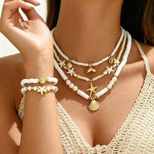 3 necklaces 2 bracelets womens bohemian soft clay bead adjustable necklace elastic bracelet alloy and fishtail elements for daily and vacation wear