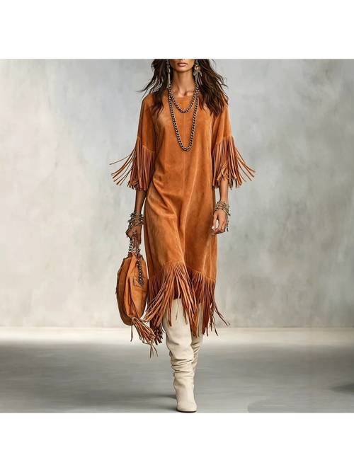 2026 new european american womens suede fringe midi dress 3 4 sleeve western style loose casual tassel dress
