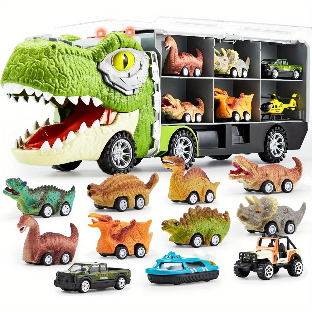 TEMU Syncfun 13 In 1 Dinosaur Truck Toys For Kids Age 3+, Dinosaur Truck With 12 Pull Back Cars, Dinosaur Cars Set, Transport Carrier Truck, Perfect