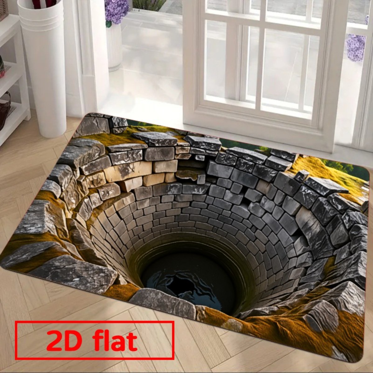 TEMU 1pc Well Print Flannel Bath Mat - Realistic Cave-in Illusion Mat With Non-slip Sponge Base, Heavy-duty Floor For Indoor/outdoor Entrance,