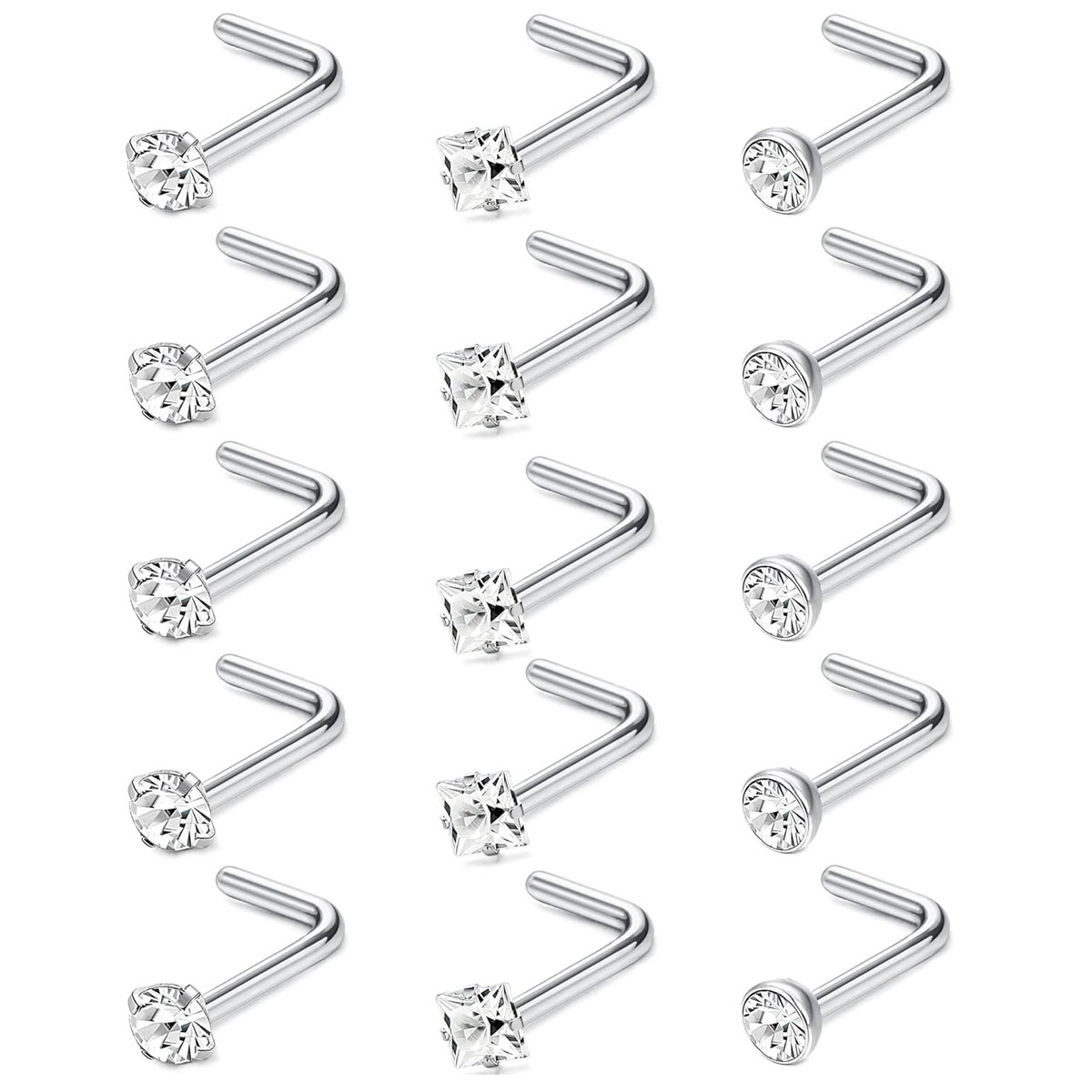 Image of 15pcs Sets Hypoallergenic Nose Rings 20g Surgical 304 Stainless Steel Nose Rings Studs L Shaped Screw Studs Rings Labret Lip Nose Piercing Jewelry For Women Men