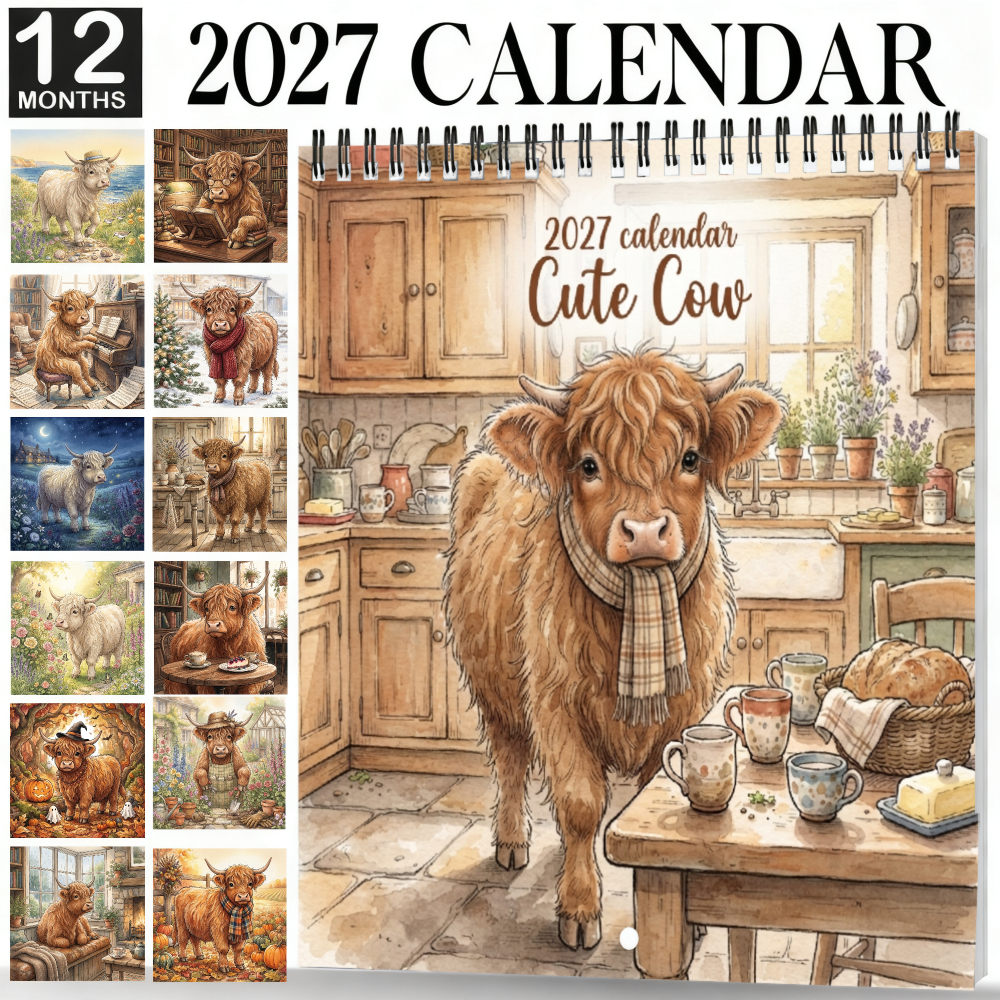 TEMU 2027 Full Year 12 Months Hanging Planning Wall Calendar Cute Cow In Kitchen Scene Lightweight Coil, Easy Wall Mounting With No Pressure, Large