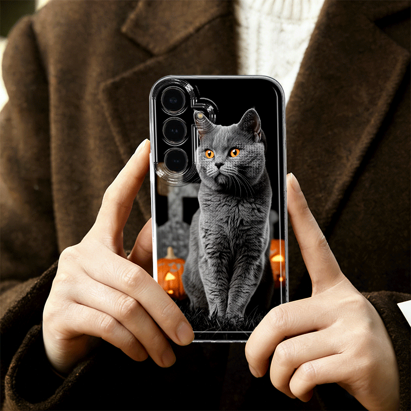 Husă Telefon - Husă Gri-Negru cu Pisicuță, Potrivită pentru Samsung Galaxy A05 A05S A06 A07 A12 A13 A14 A15 A16 5G A17 A21S A22 A23 A24 A25 A26 A32 A33 A34 A35 A36 A52 A53 A54 A55 A56 S21 Ultra S22 Plus S23+ S24 FE S25 Edge, Carcasă Telefon Mobil