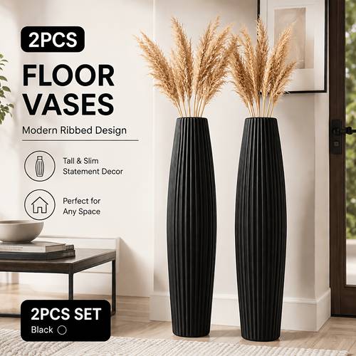 set of 2 large floor vases 22 8 inches tall modern vertical stripe plastic decorative vase set suitable for living room entryway bedroom corner decoration black and white