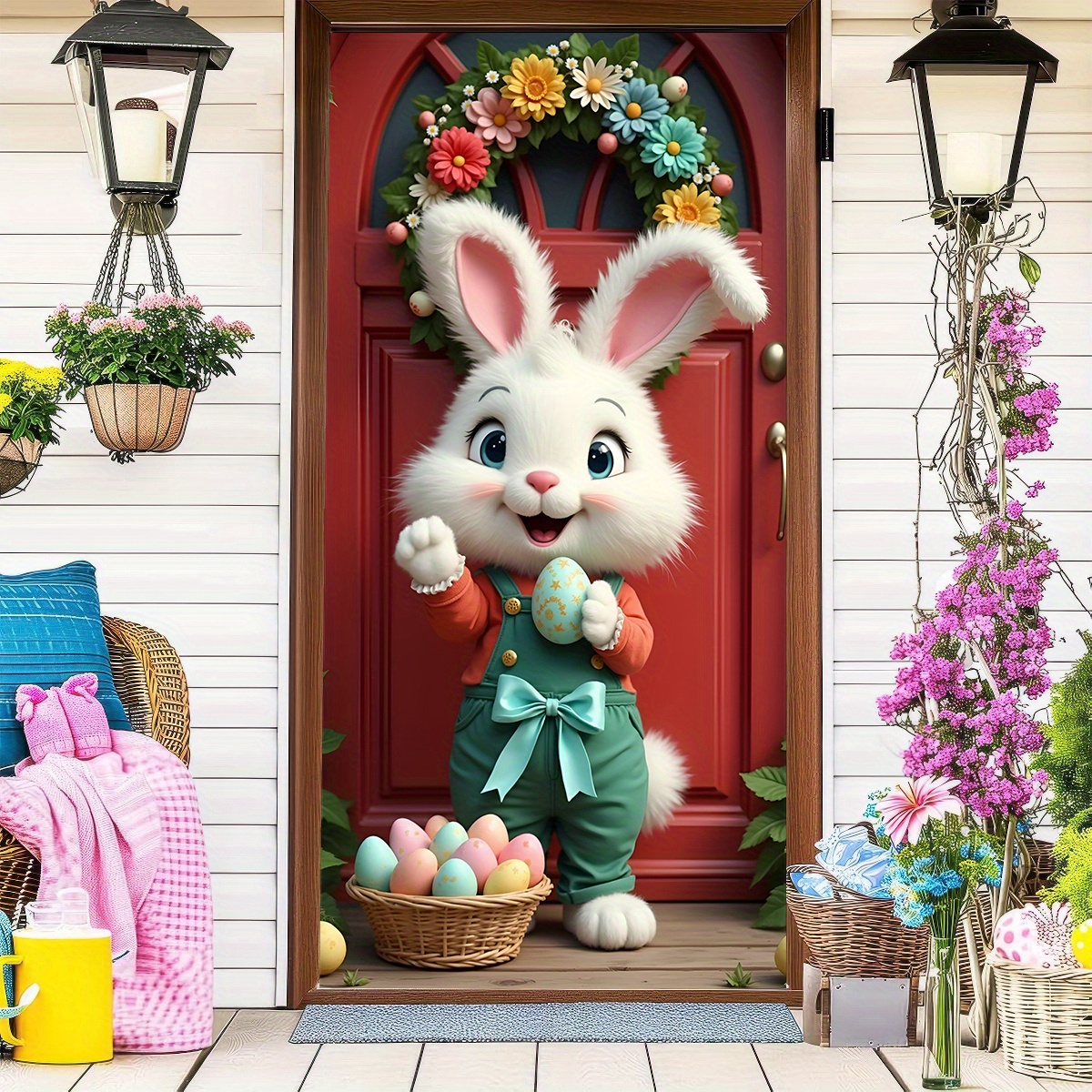 

2d Doorplate 1pc Easter Bunny Doorplate-polyester Hanging Sign With Garland, Suitable For Indoor And Outdoor Party Decoration, Universal Holiday Doorplate For All , No Electricity Needed