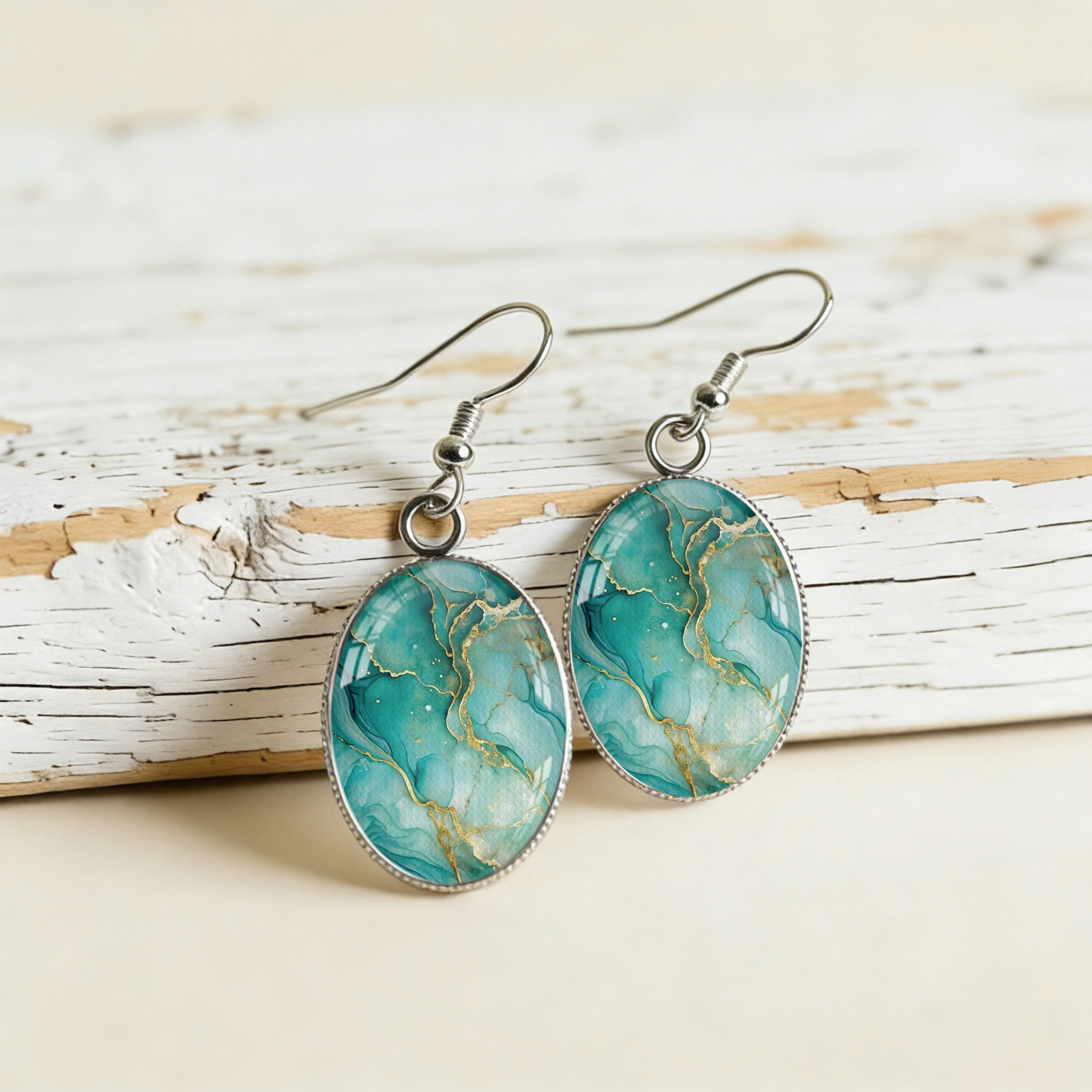 TEMU Teal Geometric Dangle Earrings, Stainless Steel Hypoallergenic Jewelry, Unique Geometric Gift For , Without Battery