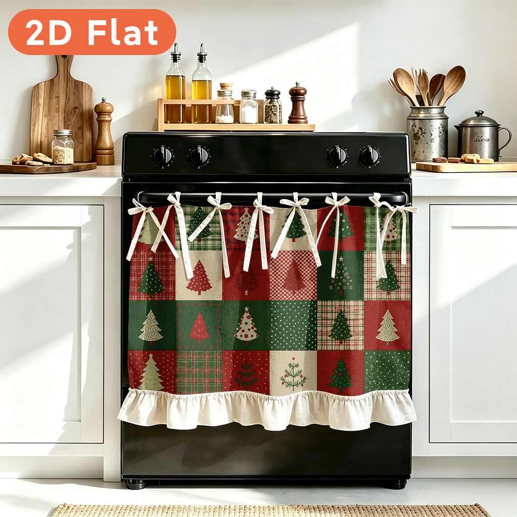 TEMU 2d Flat, 1pc Kitchen Multifunctional Oven Curtain Cover, Kitchen Dust Cover, 2d Flat Printed Christmas Trees Plaid Pattern Print Design Suitable
